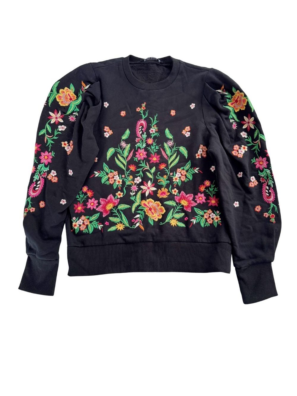 Zara Black Floral Embroidered Puff Sleeve Sweatshirt Crewneck